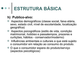 h)  Publico-alvo: Aspectos demográficos (classe social, faixa etária, sexo, estado civil, nível de escolaridade, localização geográfica) Aspectos psicográficos (estilo de vida, condição matrimonial,  hobbies  e passatempos, prazeres e curtições, hábitos - conservador/moderno) Influências ambientais e culturais a que está sujeito o consumidor em relação ao consumo do produto. O que o consumidor espera do produto/serviço (aspectos psicológicos)  ESTRUTURA BÁSICA 