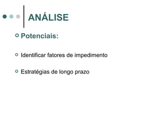 Potenciais: Identificar fatores de impedimento Estratégias de longo prazo ANÁLISE 