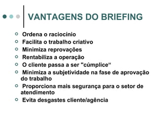 VANTAGENS DO BRIEFING Ordena o raciocínio Facilita o trabalho criativo Minimiza reprovações Rentabiliza a operação O cliente passa a ser "cúmplice“ Minimiza a subjetividade na fase de aprovação do trabalho Proporciona mais segurança para o setor de atendimento Evita desgastes cliente/agência 