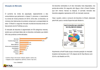 Situação do Mercado
O aumento da renda da população, especialmente a dos
consumidores que pertencem a classe C, provocou o crescimento
na venda de muitos produtos em 2010, entre eles, os biscoitos, os
números dos fabricantes do produto comprovam a prosperidade do
setor. O Brasil é o segundo mercado mundial de biscoitos tendo um
faturamento de 6,47 bilhões ao ano.
O mercado de biscoitos é segmentado em 09 categorias maiores,
sendo que a principal delas são os biscoitos recheados que detém
30% dos produtos comercializados.
* Crackers e Água e Sal incluem (integrais, gergelim, centeio, etc);
** Salgados incluem (salgadinhos, aperitivos, snacks e "tipo club").
Fonte: SIMABESP
Os biscoitos recheados é um dos mercados mais disputados, nos
pontos-de-venda. Em segundo vêm Água e Sal e Cream Cracker,
que tem menos marcas na disputa. O acirrado mercado dos
biscoitos salgados representa só 8% do mercado nacional.
Veja o quadro, sobre o consumo de biscoitos no Brasil, elaborado
pela Kraft, para a revista Supermercado Moderno.
Atualmente a Kraft Foods ocupa a terceira posição no mercado
brasileiro de biscoitos com 7,3% depois da M. Dias Branco com
23,4% e da Nestlé com 9%.
 