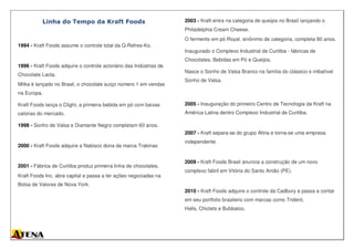 Linha do Tempo da Kraft Foods
1994 - Kraft Foods assume o controle total da Q-Refres-Ko.
1996 - Kraft Foods adquire o controle acionário das Indústrias de
Chocolate Lacta.
Milka é lançado no Brasil, o chocolate suíço número 1 em vendas
na Europa.
Kraft Foods lança o Clight, a primeira bebida em pó com baixas
calorias do mercado.
1998 - Sonho de Valsa e Diamante Negro completam 60 anos.
2000 - Kraft Foods adquire a Nabisco dona da marca Trakinas
2001 - Fábrica de Curitiba produz primeira linha de chocolates.
Kraft Foods Inc. abre capital e passa a ter ações negociadas na
Bolsa de Valores de Nova York.
2003 - Kraft entra na categoria de queijos no Brasil lançando o
Philadelphia Cream Cheese.
O fermento em pó Royal, sinônimo de categoria, completa 80 anos.
Inaugurado o Complexo Industrial de Curitiba - fábricas de
Chocolates, Bebidas em Pó e Queijos.
Nasce o Sonho de Valsa Branco na família do clássico e imbatível
Sonho de Valsa.
2005 - Inauguração do primeiro Centro de Tecnologia da Kraft na
América Latina dentro Complexo Industrial de Curitiba.
2007 - Kraft separa-se do grupo Altria e torna-se uma empresa
independente.
2009 - Kraft Foods Brasil anuncia a construção de um novo
complexo fabril em Vitória do Santo Antão (PE).
2010 - Kraft Foods adquire o controle da Cadbury e passa a contar
em seu portfolio brasileiro com marcas como Trident,
Halls, Chiclets e Bubbaloo.
 
