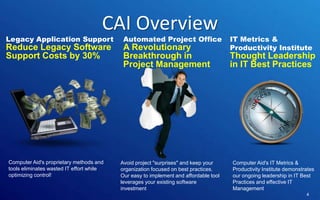 CAI Overview

Legacy Application Support

Automated Project Office

Reduce Legacy Software
Support Costs by 30%

A Revolutionary
Breakthrough in
Project Management

Computer Aid's proprietary methods and
tools eliminates wasted IT effort while
optimizing control!

IT Metrics &
Productivity Institute

Thought Leadership
in IT Best Practices

Avoid project "surprises" and keep your
Computer Aid's IT Metrics &
organization focused on best practices.
Productivity Institute demonstrates
Our easy to implement and affordable tool
our ongoing leadership in IT Best
leverages your existing software
Practices and effective IT
investment
Management
Control | Governance | Enable | Innovate& Visibility
Communications | Succeed
4

 
