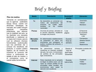 Plan de medios 
Tomando en consideración 
que la agencia publicitaria 
Araujo Group. cuenta con 
eficientes estrategias de 
mercado, las cuales incluyen 
agresivas campañas 
publicitarias que abarcan 
casi la totalidad del país, se 
ha diseñado una campaña 
planificada a realizarse en 
un lapso de 6 meses, para la 
cual se utilizaran diversas 
herramientas audiovisuales 
que nos permitirán dar a 
conocer los beneficios del 
producto, a nuestro público 
objetivo, de tal manera de 
incentivar el consumo del 
mismo a continuación se 
detalla el plan de medios, y 
el cronograma como se 
usaran estas herramientas 
Medio Descripción Duración/T 
amaño 
Ubicación 
Tv Se transmitirá un comercial con 
motivo del lanzamiento del 
producto, los cuales serán 
emitidos en los medios 
nacionales 
60 seg 
Venevisión 
Televen 
Meridiano 
Prensa Anuncios de prensa, ubicados en 
la sección deportiva, resaltando 
la imagen del producto 
¼ de 
página 
El Nacional 
El Universal 
Mediriano 
Líder 
Mercadeo 
directo 
En determinados establecimiento 
se presentara un stand con 
promotoras que entregaran al 
publico muestras del producto, y 
material pop 
Durante 
fines de 
semana 
Farmatodos 
Abastos Garzon 
Central 
Maderirense 
Patrocinio Se patrocinaran carreras y 
maratones en diversas ciudades 
del país. Así como la transmisión 
de partidos de las principales 
ligas venezolanas. 
Desde el 
mes de 
Abril hasta 
Diciembre 
Principales ciudades del 
país. 
Internet Parte importante de la campaña 
es llegar al público joven, por tal 
razón se crearan perfiles en las 
principales redes sociales, con 
promociones para captar la 
atención de la audiencia 
Durante 
todo el año 
Facebook 
Twitter 
Instagram 
