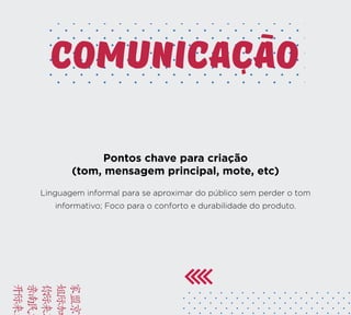 BRIE
FACA
VAMO
YUSD
KAMC
comunicacao
Pontos chave para criação
(tom, mensagem principal, mote, etc)
Linguagem informal para se aproximar do público sem perder o tom
informativo; Foco para o conforto e durabilidade do produto.
 