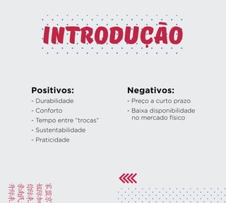 INTRODUCAO
Positivos:
- Durabilidade
- Conforto
- Tempo entre “trocas”
- Sustentabilidade
- Praticidade
BRIE
FACA
VAMO
YUSD
KAMC
Negativos:
- Preço a curto prazo
- Baixa disponibilidade
no mercado físico
 