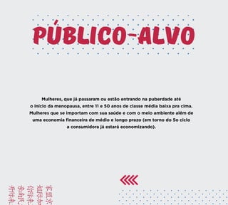 BRIE
FACA
VAMO
YUSD
KAMC
publico alvo
Mulheres, que já passaram ou estão entrando na puberdade até
o início da menopausa, entre 11 e 50 anos de classe média baixa pra cima.
Mulheres que se importam com sua saúde e com o meio ambiente além de
uma economia financeira de médio e longo prazo (em torno do 5o ciclo
a consumidora já estará economizando).
 