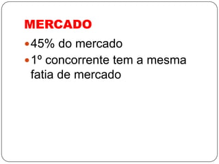 MERCADO
 45% do mercado
 1º concorrente tem a mesma
 fatia de mercado
 