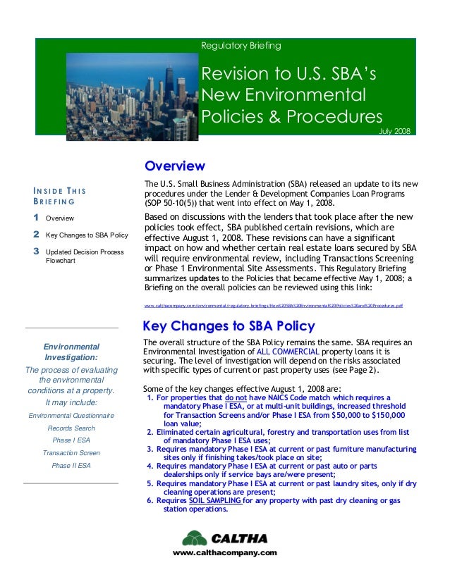 Regulatory Briefing Revision To New SBA Policies & Procedures