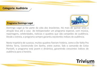 Domingo Legal já faz parte da vida dos brasileiros. Há mais de quinze anos a
atração leva até a casa do telespectador um programa especial, com música,
reportagens, celebridades, notícias e quadros que são campeões de audiência.
Desde a estreia, o programa sempre garantiu excelentes índices de audiência.
Nesta trajetória de sucesso, muitos quadros fizeram história, como o De Volta Pra
Minha Terra, Construindo Um Sonho, entre outros. Sob o comando de Celso
Portiolli, o programa está jovem e dinâmico, garantindo crescentes índices de
audiência para o horário.
Programa Domingo Legal
14
Categoria: Auditório
 