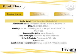Razão Social: TVSBT Canal 4 de São Paulo S/A
Nome Fantasia: TVS Emissora do Sistema Brasileiro de Televisão
CNPJ: 45.039.237.0001-14
Endereço: Av. das Comunicações, 4 Vl. Jaraguá Osasco/SP – CEP:
06278-905
Endereço Eletrônico: www.sbt.com.br
Setor de Atuação: Atividades de Televisão Aberta
Linha de Produto: Programas de Televisão
Porte: Grande
Quantidade de Funcionários: Emprega cerca de 4.700 colaboradores
Ficha do Cliente
Dados da Empresa Contato AgênciaContato Cliente
06
 