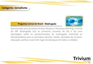 Apresentado pela jornalista Analice Nicolau e Hermano Henning, o Jornal
do SBT Madrugada traz os primeiros assuntos do dia e faz uma
abordagem sobre os acontecimentos da madrugada, alertando os
telespectadores para os principais eventos. Saúde, prestação de serviços,
educação, política e lazer têm lugar de destaque em todas as edições.
Programa Jornal do Brasil - Madrugada
31
Categoria: Jornalismo
 