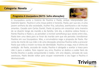 A Usurpadora conta a história de Paulina e Paola, ambas interpretadas por
Gabriela Spanic. Paulina é uma moça pobre e honesta. Paola, por sua vez, é uma
jovem senhora da alta sociedade, mulher fria, calculista, aventureira e de muitos
amantes. Casada com Carlos Daniel, Paola só pensa em encontrar uma maneira
de se divertir longe do marido e da família. Um dia, o destino coloca frente a
frente Paulina e Paola e, ao perceber a incrível semelhança que existe entre elas,
Paola tem uma ideia para se livrar do marido sem que ele perceba: transformar
Paulina em sua Usurpadora. Mas, a arrumadeira nega a proposta de Paola. Por
conta da morte de sua mãe e de uma decepção amorosa Paulina volta a procurar
Paola que volta a insistir na troca de identidade. Paulina se nega, mas é vítima da
ambição de Paola, acusada de roubo, Paulina é obrigada a aceitar a troca para
não ir para a cadeia. Para reparar seu erro, Paulina se dedica a cuidar bem da
família Bracho e acaba conquistando à todos. Um ano depois, cansada de suas
aventuras, Paola decide voltar para ocupar novamente o seu lugar e Paulina é
desmascarada.
Programa A Usurpadora (NVT2- Sofre alterações)
36
Categoria: Novela
 
