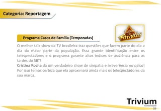 O melhor talk show da TV brasileira traz questões que fazem parte do dia a
dia da maior parte da população. Essa grande identificação entre os
telespectadores e o programa garante altos índices de audiência para as
tardes do SBT!
Cristina Rocha dá um verdadeiro show de simpatia e irreverência no palco!
Por isso temos certeza que ela aproximará ainda mais os telespectadores da
sua marca.
Programa Casos de Família (Temporadas)
39
Categoria: Reportagem
 