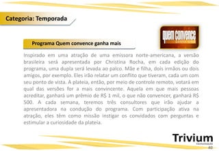 Inspirado em uma atração de uma emissora norte-americana, a versão
brasileira será apresentada por Christina Rocha, em cada edição do
programa, uma dupla será levada ao palco. Mãe e filha, dois irmãos ou dois
amigos, por exemplo. Eles irão relatar um conflito que tiveram, cada um com
seu ponto de vista. A plateia, então, por meio de controle remoto, votará em
qual das versões for a mais convincente. Aquela em que mais pessoas
acreditar, ganhará um prêmio de R$ 1 mil, o que não convencer, ganhará R$
500. A cada semana, teremos três consultores que irão ajudar a
apresentadora na condução do programa. Com participação ativa na
atração, eles têm como missão instigar os convidados com perguntas e
estimular a curiosidade da plateia.
Programa Quem convence ganha mais
40
Categoria: Temporada
 
