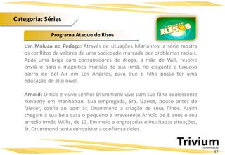 Um Maluco no Pedaço: Através de situações hilariantes, a série mostra
os conflitos de valores de uma sociedade marcada por problemas raciais.
Após uma briga com consumidores de droga, a mãe de Will, resolve
enviá-lo para a magnifica mansão de sua irmã, no elegante e luxuoso
bairro de Bel Air em Los Angeles, para que o filho possa ter uma
educação de alto nível.
Arnold: O rico e viúvo senhor Drummond vive com sua filha adolescente
Kimberly em Manhattan. Sua empregada, Sra. Garret, pouco antes de
falecer, confia ao bom Sr. Drummond a criação de seus filhos. Assim
chegam à sua bela casa o pequeno e irreverente Arnold de 8 anos e seu
arredio irmão Willis, de 12. Em meio a engraçadas e inusitadas situações,
Sr. Drummond tenta conquistar a confiança deles.
Programa Ataque de Risos
47
Categoria: Séries
 