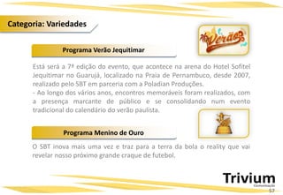 Está será a 7ª edição do evento, que acontece na arena do Hotel Sofitel
Jequitimar no Guarujá, localizado na Praia de Pernambuco, desde 2007,
realizado pelo SBT em parceria com a Poladian Produções.
- Ao longo dos vários anos, encontros memoráveis foram realizados, com
a presença marcante de público e se consolidando num evento
tradicional do calendário do verão paulista.
O SBT inova mais uma vez e traz para a terra da bola o reality que vai
revelar nosso próximo grande craque de futebol.
Programa Verão Jequitimar
Programa Menino de Ouro
57
Categoria: Variedades
 