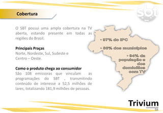O SBT possui uma ampla cobertura na TV
aberta, estando presente em todas as
regiões do Brasil.
Principais Praças
Norte, Nordeste, Sul, Sudeste e
Centro – Oeste.
Como o produto chega ao consumidor
São 108 emissoras que vinculam as
programações do SBT , transmitindo
conteúdo de interesse a 52,5 milhões de
lares, totalizando 181,9 milhões de pessoas.
59
Cobertura
 