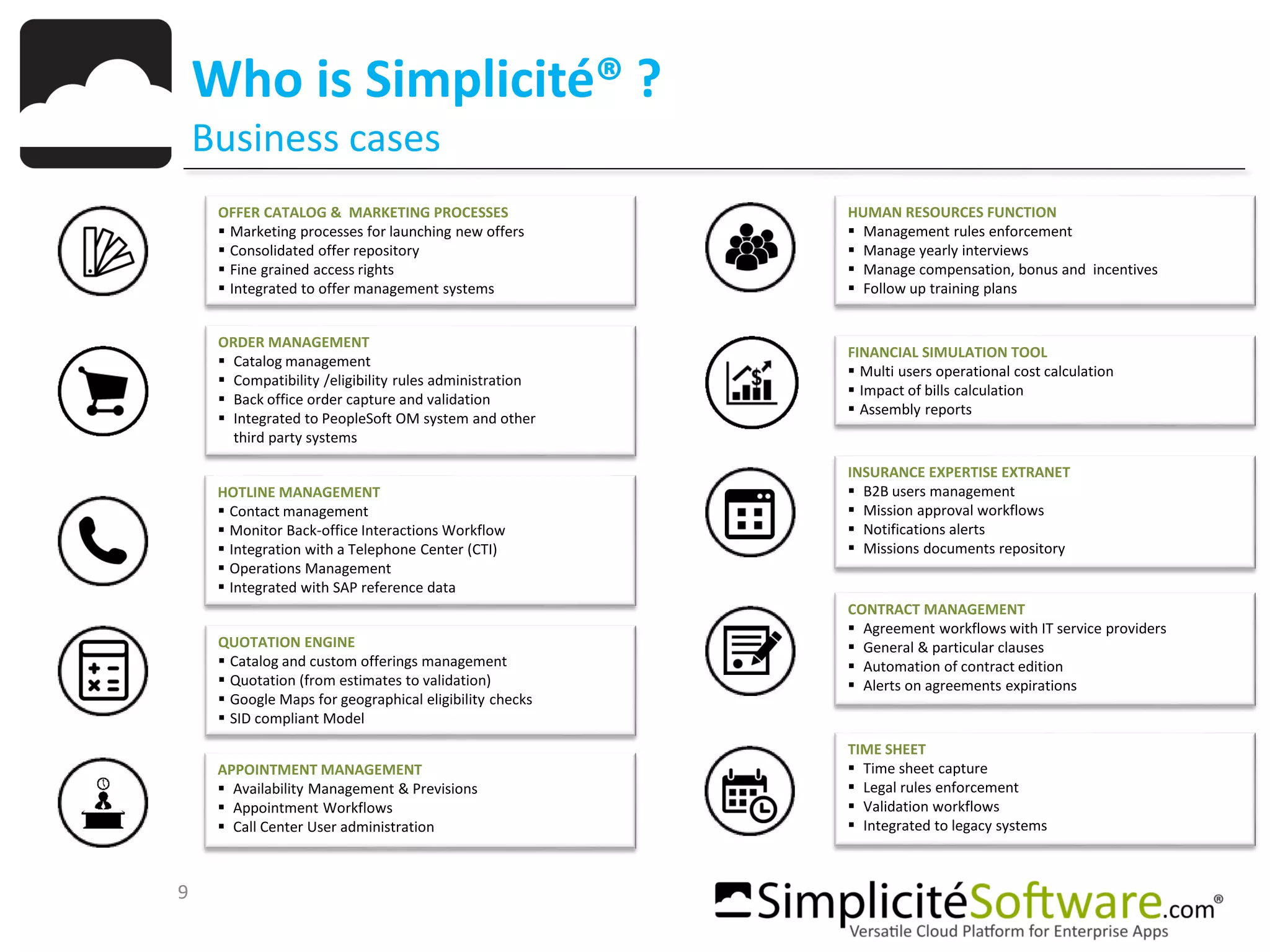 9
Who is Simplicité® ?
Business cases
APPOINTMENT MANAGEMENT
 Availability Management & Previsions
 Appointment Workflows
 Call Center User administration
QUOTATION ENGINE
 Catalog and custom offerings management
 Quotation (from estimates to validation)
 Google Maps for geographical eligibility checks
 SID compliant Model
OFFER CATALOG & MARKETING PROCESSES
 Marketing processes for launching new offers
 Consolidated offer repository
 Fine grained access rights
 Integrated to offer management systems
ORDER MANAGEMENT
 Catalog management
 Compatibility /eligibility rules administration
 Back office order capture and validation
 Integrated to PeopleSoft OM system and other
third party systems
HOTLINE MANAGEMENT
 Contact management
 Monitor Back-office Interactions Workflow
 Integration with a Telephone Center (CTI)
 Operations Management
 Integrated with SAP reference data
HUMAN RESOURCES FUNCTION
 Management rules enforcement
 Manage yearly interviews
 Manage compensation, bonus and incentives
 Follow up training plans
FINANCIAL SIMULATION TOOL
 Multi users operational cost calculation
 Impact of bills calculation
 Assembly reports
INSURANCE EXPERTISE EXTRANET
 B2B users management
 Mission approval workflows
 Notifications alerts
 Missions documents repository
CONTRACT MANAGEMENT
 Agreement workflows with IT service providers
 General & particular clauses
 Automation of contract edition
 Alerts on agreements expirations
TIME SHEET
 Time sheet capture
 Legal rules enforcement
 Validation workflows
 Integrated to legacy systems
 