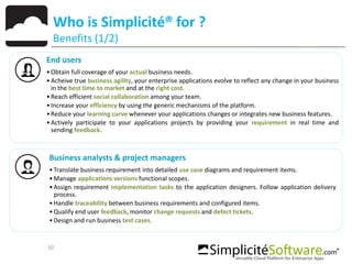 10
Who is Simplicité® for ?
Benefits (1/2)
End users
•Obtain full coverage of your actual business needs.
•Acheive true business agility, your enterprise applications evolve to reflect any change in your business
in the best time to market and at the right cost.
•Reach efficient social collaboration among your team.
•Increase your efficiency by using the generic mechanisms of the platform.
•Reduce your learning curve whenever your applications changes or integrates new business features.
•Actively participate to your applications projects by providing your requirement in real time and
sending feedback.
Business analysts & project managers
•Translate business requirement into detailed use case diagrams and requirement items.
•Manage applications versions functional scopes.
•Assign requirement implementation tasks to the application designers. Follow application delivery
process.
•Handle traceability between business requirements and configured items.
•Qualify end user feedback, monitor change requests and defect tickets.
•Design and run business test cases.
 