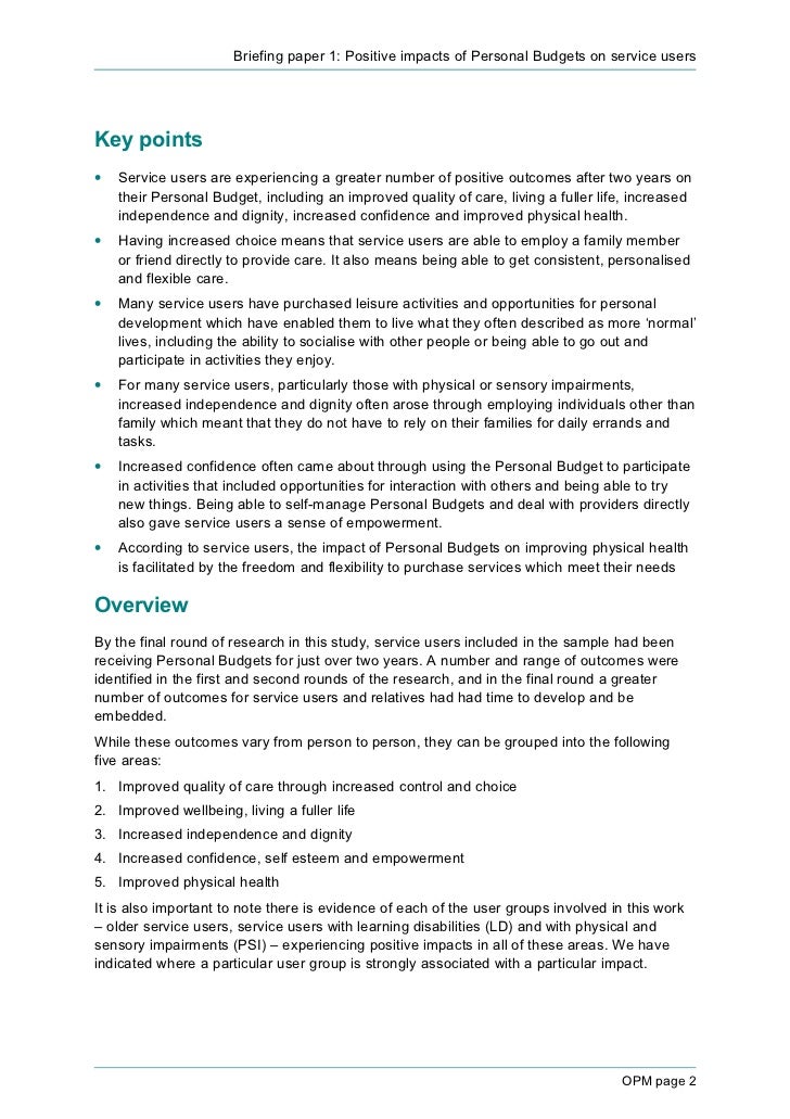 briefing 1 positive impacts of personal budgets on service users