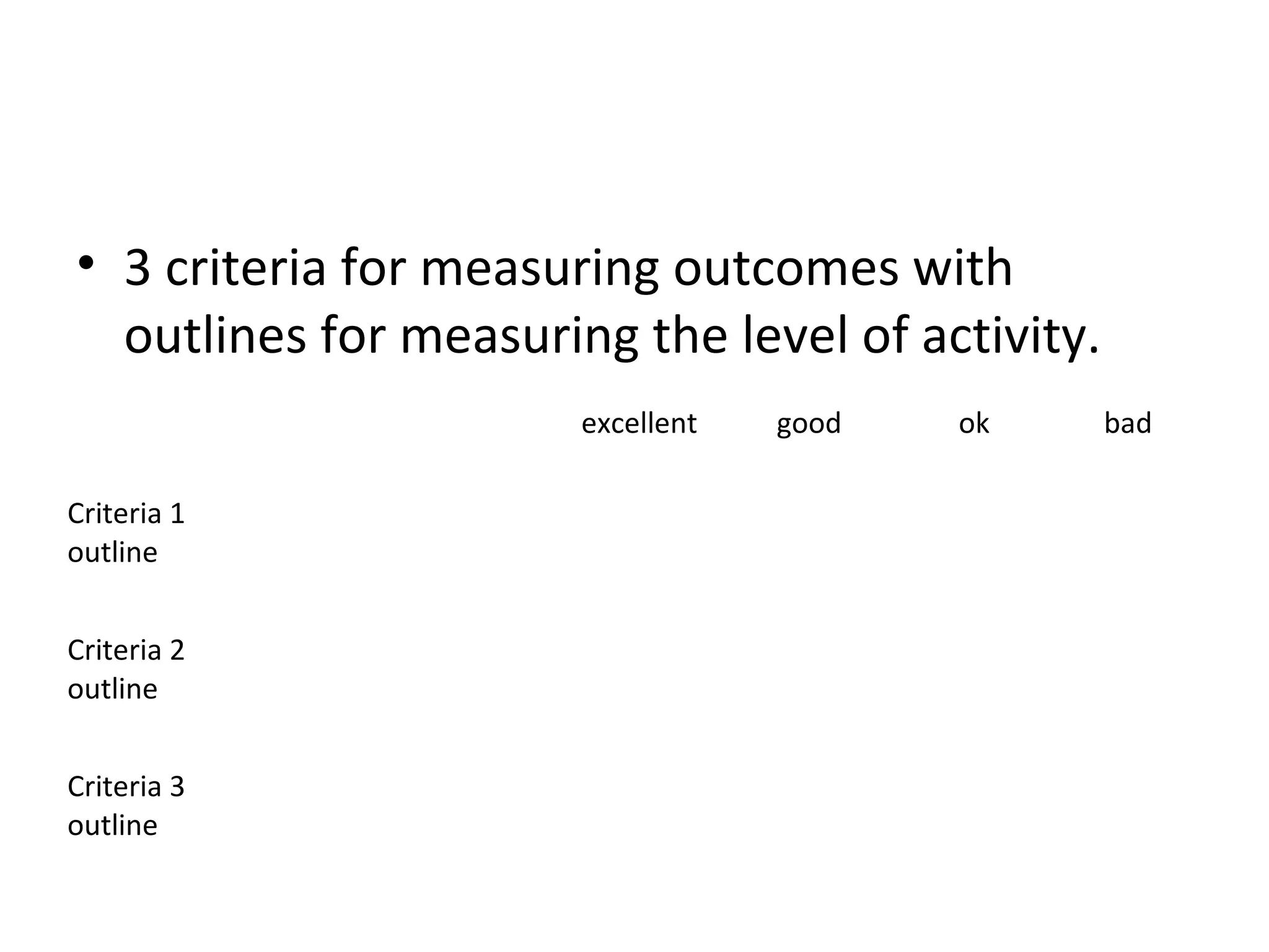 • 3 criteria for measuring outcomes with
  outlines for measuring the level of activity.
                       excellent   good   ok      bad

Criteria 1
outline


Criteria 2
outline


Criteria 3
outline
 