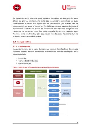  

	
  

	
  

	
  

	
  

	
  

	
  

	
  

	
  

	
  
	
  
As	
   consequências	
   da	
   liberalização	
   do	
   mercado	
   de	
   energia	
   em	
   Portugal	
   são	
   ainda	
  
difíceis	
   de	
   prever,	
   principalmente	
   junto	
   dos	
   consumidores	
   domésticos,	
   os	
   quais	
  
correspondem	
   à	
   parcela	
   mais	
   significativa	
   de	
   consumidores	
   (em	
   número	
   total	
   de	
  
consumidores)	
  que	
  ainda	
  se	
  encontram	
  vinculados	
  ao	
  mercado	
  regulado.	
  Como	
  tal,	
  é	
  
aconselhável	
   o	
   estudo	
   dos	
   efeitos	
   da	
   liberalização	
   dos	
   mercados	
   energéticos	
   nos	
  
países	
   que	
   se	
   encontram	
   numa	
   fase	
   mais	
   avançada	
   do	
   processo,	
   podendo	
   estes	
  
funcionar	
   como	
   benchmarking	
   para	
   os	
   possíveis	
   impactos	
   desta	
   nova	
   conjuntura	
   na	
  
economia	
  e	
  na	
  sociedade	
  Portuguesa.	
  

3.2 Energia	
   E létrica	
  
3.2.1 Cadeia	
  de	
  valor	
  
Independentemente	
   de	
   se	
   tratar	
   do	
   regime	
   de	
   mercado	
   liberalizado	
   ou	
   de	
   mercado	
  
regulado,	
   a	
   cadeia	
   de	
   valor	
   do	
   mercado	
   de	
   eletricidade	
   pode	
   ser	
   decomposta	
   em	
   3	
  
etapas	
  principais:	
  
•
•
•

Produção;	
  
Transporte	
  /	
  Distribuição;	
  
Comercialização.	
  

Figura	
  1	
  -­‐	
  Cadeia	
  de	
  valor	
  da	
  energia	
  electrica	
  no	
  regime	
  de	
  mercado	
  liberalizado	
  

	
  

9	
  

 