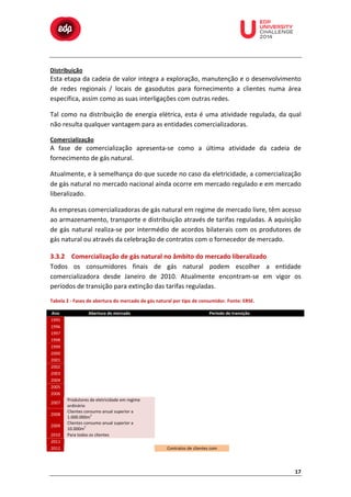  

	
  

	
  

	
  

	
  

	
  

	
  

	
  

	
  
	
  
	
  

Distribuição	
  

Esta	
  etapa	
  da	
  cadeia	
  de	
  valor	
  integra	
  a	
  exploração,	
  manutenção	
  e	
  o	
  desenvolvimento	
  
de	
   redes	
   regionais	
   /	
   locais	
   de	
   gasodutos	
   para	
   fornecimento	
   a	
   clientes	
   numa	
   área	
  
específica,	
  assim	
  como	
  as	
  suas	
  interligações	
  com	
  outras	
  redes.	
  
Tal	
   como	
   na	
   distribuição	
   de	
   energia	
   elétrica,	
   esta	
   é	
   uma	
   atividade	
   regulada,	
   da	
   qual	
  
não	
  resulta	
  qualquer	
  vantagem	
  para	
  as	
  entidades	
  comercializadoras.	
  
Comercialização	
  

A	
   fase	
   de	
   comercialização	
   apresenta-­‐se	
   como	
   a	
   última	
   atividade	
   da	
   cadeia	
   de	
  
fornecimento	
  de	
  gás	
  natural.	
  
Atualmente,	
   e	
   à	
   semelhança	
   do	
   que	
   sucede	
   no	
   caso	
   da	
   eletricidade,	
   a	
   comercialização	
  
de	
  gás	
  natural	
  no	
  mercado	
  nacional	
  ainda	
  ocorre	
  em	
  mercado	
  regulado	
  e	
  em	
  mercado	
  
liberalizado.	
  
As	
  empresas	
  comercializadoras	
  de	
  gás	
  natural	
  em	
  regime	
  de	
  mercado	
  livre,	
  têm	
  acesso	
  
ao	
  armazenamento,	
  transporte	
  e	
  distribuição	
  através	
  de	
  tarifas	
  reguladas.	
  A	
  aquisição	
  
de	
   gás	
   natural	
   realiza-­‐se	
   por	
   intermédio	
   de	
   acordos	
   bilaterais	
   com	
   os	
   produtores	
   de	
  
gás	
  natural	
  ou	
  através	
  da	
  celebração	
  de	
  contratos	
  com	
  o	
  fornecedor	
  de	
  mercado.	
  
3.3.2 Comercialização	
  de	
  gás	
  natural	
  no	
  âmbito	
  do	
  mercado	
  liberalizado	
  
Todos	
   os	
   consumidores	
   finais	
   de	
   gás	
   natural	
   podem	
   escolher	
   a	
   entidade	
  
comercializadora	
   desde	
   Janeiro	
   de	
   2010.	
   Atualmente	
   encontram-­‐se	
   em	
   vigor	
   os	
  
períodos	
  de	
  transição	
  para	
  extinção	
  das	
  tarifas	
  reguladas.	
  
Tabela	
  2	
  -­‐	
  Fases	
  de	
  abertura	
  do	
  mercado	
  de	
  gás	
  natural	
  por	
  tipo	
  de	
  consumidor.	
  Fonte:	
  ERSE.	
  
Ano	
  
1995	
  
1996	
  
1997	
  
1998	
  
1999	
  
2000	
  
2001	
  
2002	
  
2003	
  
2004	
  
2005	
  
2006	
  
2007	
  
2008	
  
2009	
  
2010	
  
2011	
  
2012	
  

Abertura	
  de	
  mercado	
  
	
  
	
  
	
  
	
  
	
  
	
  
	
  
	
  
	
  
	
  
	
  
	
  
Produtores	
  de	
  eletricidade	
  em	
  regime	
  
ordinário	
  
Clientes	
  consumo	
  anual	
  superior	
  a	
  
3
1.000.000m 	
  
Clientes	
  consumo	
  anual	
  superior	
  a	
  
3
10.000m 	
  
Para	
  todos	
  os	
  clientes	
  
	
  
	
  

Período	
  de	
  transição	
  
	
  
	
  
	
  
	
  
	
  
	
  
	
  
	
  
	
  
	
  
	
  
	
  

	
  
	
  
	
  
	
  
	
  
	
  
	
  
	
  
	
  
	
  
	
  
	
  

	
  

	
  

	
  

	
  

	
  

	
  

	
  
	
  
Contratos	
  de	
  clientes	
  com	
  

	
  
	
  
	
  

17	
  

 