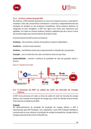  

	
  

	
  

	
  

	
  

	
  

	
  

	
  

	
  
	
  
	
  

4.1.1 A	
  marca	
  e	
  valores	
  do	
  grupo	
  EDP	
  
Na	
  essência,	
  a	
  EDP	
  pretende	
  apresentar-­‐se	
  como	
  uma	
  empresa	
  humana,	
  sustentável	
  e	
  
inovadora.	
  Estas	
  são	
  características	
  intemporais	
  e	
  universais,	
  independentemente	
  das	
  
inovações	
   de	
   produto	
   ou	
   das	
   mudanças	
   competitivas.	
   Como	
   empresa	
   dinâmica	
   na	
  
vanguarda	
   da	
   área	
   energética,	
   a	
   EDP	
   tem	
   agora	
   uma	
   marca	
   que	
   representa	
   essa	
  
agilidade.	
   Foi	
   criado	
   um	
   sistema	
   moderno,	
   flexível	
   e	
   adaptável	
   que	
   dá	
   à	
   marca	
   o	
   ritmo	
  
das	
  transformações	
  que	
  ocorrem	
  dentro	
  do	
  próprio	
  Grupo.	
  
O	
  funcionamento	
  da	
  EDP	
  assenta	
  na	
  (valores):	
  
Confiança…	
  dos	
  acionistas,	
  clientes,	
  fornecedores	
  e	
  demais	
  stakeholders;	
  
Excelência…	
  na	
  forma	
  como	
  executa;	
  
Iniciativa…	
  manifestada	
  através	
  dos	
  comportamentos	
  e	
  atitudes	
  das	
  suas	
  pessoas;	
  
Inovação…	
  com	
  o	
  intuito	
  de	
  criar	
  valor	
  nas	
  diversas	
  áreas	
  em	
  que	
  atua;	
  
Sustentabilidade…	
   visando	
   a	
   melhoria	
   da	
   qualidade	
   de	
   vida	
   das	
   gerações	
   atuais	
   e	
  
futuras.	
  
Figura	
  13	
  –	
  Evolução	
  da	
  marca	
  EDP	
  

	
  

4.2 A	
   presença	
   da	
   EDP	
   na	
   cadeia	
   de	
   valor	
   do	
   mercado	
   de	
   energia	
  
elétrica	
  
A	
   EDP	
   marca	
   presença	
   em	
   todas	
   as	
   fases	
   da	
   cadeia	
   de	
   valor	
   do	
   mercado	
   de	
   energia	
  
elétrica,	
  com	
  exceção	
  do	
  transporte	
  de	
  energia	
  que,	
  como	
  foi	
  referido	
  anteriormente,	
  
é	
  da	
  exclusiva	
  competência	
  da	
  REN.	
  
Produção	
  

No	
   desenvolvimento	
   da	
   atividade	
   de	
   produção	
   de	
   energia	
   elétrica	
   a	
   EDP	
   é	
  
representada	
   pela	
   EDP	
   Produção,	
   suas	
   subsidiárias	
   e	
   pela	
   EDP	
   Produção	
   Bioelétrica,	
  
concentrando	
   os	
   seus	
   esforços	
   na	
   produção	
   de	
   energia	
   termoelétrica,	
   energia	
   eólica	
   e	
  
energia	
  proveniente	
  de	
  centrais	
  hidroelétricas.	
  	
  

22	
  

 