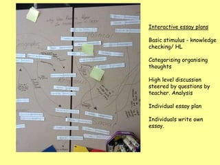 Interactive essay plans
Basic stimulus - knowledge
checking/ HL
Categorising organising
thoughts
High level discussion
steered by questions by
teacher. Analysis
Individual essay plan
Individuals write own
essay.
 