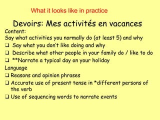 Devoirs: Mes activités en vacances
Content:
Say what activities you normally do (at least 5) and why
❑ Say what you don’t like doing and why
❑ Describe what other people in your family do / like to do
❑ **Narrate a typical day on your holiday
Language
❑ Reasons and opinion phrases
❑ Accurate use of present tense in *different persons of
the verb
❑ Use of sequencing words to narrate events
What it looks like in practice
 