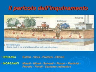 Il pericolo dell’inquinamento ORGANICI  Batteri - Virus - Protozoi - Elminti   INORGANICI    Metalli - Nitrati - Solventi – Floruri – Pesticidi -    Petrolio - Fenoli - Sostanze radioattive   