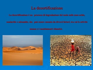 La desertificazione La desertificazione è un   processo di degradazione del suolo nelle zone aride, semiaride e subumide, che   può essere causato da diversi fattori, tra cui le attività umane e i cambiamenti climatici.   