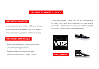 ★ Aumentar o volume de vendas em 8% no primeiro ano.
★ Aumentar a visibilidade e a participação do produto.
★ Consolidar o produto por meio do hábito de compra.
OBJETIVOS	DE	MARKETING
OBJETIVOS	DE	COMUNICAÇÃO
★ Atrair e consolidar a marca junto ao público jovem.
★ Criar identidade/imagem de marca.
★ Estabelecer diálogo contínuo com o target.
★ Fidelizar os consumidores – antigos e novos. CONCORRÊNCIA
TARGET:	JOVENS	DE	15	A	25	ANOS
A maior concorrente é a marca Vans, que tem forte penetração
no público jovem, sendo a principal ameaça por suas parcerias
com artistas e e ícones culturais, como o caso do tênis inspirado
no filme Toy Story ou mesmo dos games Nintendo.
 