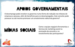 O desemprego pode envolver os governos numa forma de redução nos tributos de empresas e pessoas, além de benefícios para os desempregados. Este conceito pode provocar ou até mesmo promover um envolvimento radical do governo?	Como a equipe engajaria ferramentas e técnicas de marketing social na promoção do conceito e no envolvimento dos participantes?