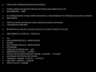  VEÍCULOS E PROGRAMAÇÃO ESCOLHIDA:
 30 SEGUNDOS NO QUINTO BLOCO DO PROGAMA BOM DIA E CIA
 (R$ 265800,00) – 1 MÊS
 45 APARIÇÕES DE 15 SEGUNDOS DURANTE A TRANSMISSÃO DO PROGRAMA CONTA CONTO
 (R$ 2.000,00)
 100 PLACAS DE OUTDOOR, COM ARTE EM FUNDO CHAPADO.
 1 BI-SEMANA POR MÊS
 BI-SEMANA 41 (02/05 A 16/05); 45 (02/06 A 16/06) E 49 (02/07 A 16/07)
 ORÇAMENTO: AGENCIA – VEÍCULO
 TV -
 INCLUINDO ESPAÇO + MONTAGEM
 RÁDIO
 INCLUINDO ESPAÇO + MONTAGEM
 OUTDOOR:
 CRIAÇÃO (2 MODELOS) 0,00
 IMPRESSÃO 3.670,00 --- 3.670,00
 VEICULAÇÃO DE 48 PONTOS 2.080,00 - 10,632,00 ---- 12,712,00
 MATERIAL DE PONTO DE VENDA:
 CRIAÇÃO - 5,040,80 - 13,753,51 ---- 18,797,51
 HOT SITE - 2.000,00 ---- 2.000.00
 VEÍCULAÇÃO - 6 MESES.
 