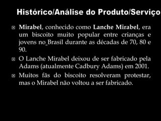  Mirabel, conhecido como Lanche Mirabel, era
um biscoito muito popular entre crianças e
jovens no Brasil durante as décadas de 70, 80 e
90.
 O Lanche Mirabel deixou de ser fabricado pela
Adams (atualmente Cadbury Adams) em 2001.
 Muitos fãs do biscoito resolveram protestar,
mas o Mirabel não voltou a ser fabricado.
 