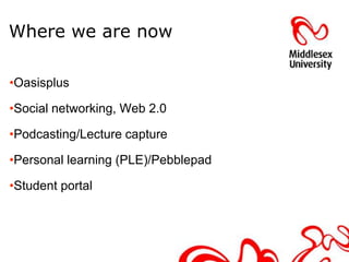 Where we are now

•Oasisplus

•Social networking, Web 2.0

•Podcasting/Lecture capture

•Personal learning (PLE)/Pebblepad

•Student portal
 