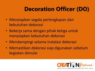 Decoration Officer (DO)
• Menyiapkan segala perlengkapan dan
kebutuhan dekorasi
• Bekerja sama dengan pihak ketiga untuk
menyiapkan kebutuhan dekorasi
• Mendampingi selama instalasi dekorasi
• Memastikan dekorasi siap digunakan sebelum
kegiatan dimulai

 