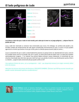 El lado peligroso de Jude
Autor: Nicole Williams
Editorial: Montena
Colección: Ellas
Materia: Novela Juvenil
ISBN: 9789568474201
Formato: 15 X 21,5 cm
Páginas: 304
Tirada: 1.000
PVP: $ 14.000
Lucy desea a Jude más que a nada en este mundo, pero sabe que el amor es un juego peligroso… y dejarse llevar le
puede salir caro
Lucy y Jude han retomado su romance más enamorados que nunca. Sin embargo, las sombras del pasado y los
terribles cambios de temperamento de Jude siguen complicando enormemente las cosas. Lo único a lo que pueden
agarrarse es el amor que sienten el uno por el otro, pero su relación parece tenerlo todo en contra….
Lucy es consciente de que si Jude es extremadamente posesivo es porque teme ser abandonado de nuevo, como le
ha sucedido tantas veces en el pasado. Ella, por su parte, se siente afortunada de poder estar a su lado pero también
extremadamente insegura... Y su relación muy pronto deberá afrontar nuevos obstáculos: la intromisión de una
atractiva cheerleader que sólo tiene ojos para Jude hará que Lucy pierda el control y que decida poner punto y final a
su relación… ¿Logrará Jude convencerla de que puede confiar en él?
Una explosiva historia de amor, con un protagonista – Jude – que despertará amores (y en algún momento odios)
entre las lectoras.
Ideal para las lectoras más jóvenes del fenómeno CINCUENTA SOMBRAS. (Destacar que NO hay escenas sexuales que
puedan resultar demasiado explícitas o problemáticas.)

Nicole Williams reside en Spokane, Washington, y ésta es su primera incursión en el mundo de la
literatura juvenil. De pequeña creció leyendo clásicos como Mujercitas y Orgullo y prejuicio y hoy sus
autores favoritos son Suzanne Collins, Stephenie Meyer y Sarah Dessen, entre otros.

 