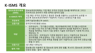 K-ISMS 개요
정보보호관리체계
(ISMS)
정보보호관리체계는 기업 혹은 조직의 민감한 정보를 체계적으로 그리고
지속적으로 관리하기 위한 정책과 절차의 집합
K-ISMS의 목적
기업 혹은 조직의 민감하고 중요한 정보를 유출이나 손실로부터 보호할 수
있도록 정보보호관리체계가 적절하게 구성되고 운영되는지를 점검
주관부처 과학기술정보통신부 (MSIT)
인증기관 한국인터넷진흥원 (KISA)
대상
• 의무대상자 : 「전기통신사업법」 제2조제8호에 따른 전기통신사업자와
전기통신사업 자의 전기통신역무를 이용하여 정보를 제공하거나 정보의
제공을 매개하는 자로서 다음 장에서 기술한 의무대상자 기준에 하나라도
해당되는 자
• 임의신청자 : 의무대상자 기준에 해당하지 않으나 자발적으로 정보보호
관리체계를 구축·운영하는 기업· 기관은 임의신청자로 분류되며,
임의신청기업이 인증 취득을 희망할 경우 자율적으로 신청 하여 인증심사를
받을 수 있다.
인증기간 3년 (매년 사후심사)
법적 기반
정보통신망 이용촉진 및 정보보호 등에 관한 법률, 제 47조 (정보보호 관리체계
인증의 방법ᆞ절차ᆞ범위 등)
 