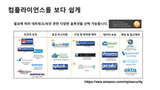 https://aws.amazon.com/mp/security
 One-click launch
 Ready-to-run on AWS
 Pay only for what you use
필요에 따라 네트워크/보안 관련 다양한 솔루션들 선택 가능합니다.
인프라 보호 로깅 모니터링 구성 및 취약점 제어 데이터 보호 계정 및 접근제어
Deep Security-as-a-Service
VM-Series Next-
Generation Firewall
Bundle 2
vSEC
Web Application
Firewall
Unified Threat
Management 9
FortiGate-VM
SecureSphere WAF
CloudInsight
Security Platform
(ESP) for AWS
SecOps
Log Management & Analytics
Enterprise
Cost & Security Management
DataContro
l
Transparent
Encryption for AWS
SafeNet ProtectV
Identity & Access
Management or AWS
Security Manager
OneLogin for AWS
Identity Management
for the Cloud
컴플라이언스를 보다 쉽게
 