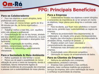 PPG: Principais Benefícios
Para os Colaboradores                                   Para a Empresa
 Foco nos objetivos a serem atingidos, tanto            Colaboradores focados nos objetivos a serem atingidos
profissionais como pessoais;                            e conscientes da importância de se ter sempre em mente
 Mais coisas em menos tempo: ganho de 30 a             os objetivos, traçar planos para atingí-los e controlar cada
90 minutos por dia, de forma organizada e               passo;
consistente;                                             Foco no cliente, que ficam mais satisfeitos e e trazem
 Trabalhar melhor e mais feliz, com equilíbrio         mais lucros, gerando maior sustentabilidade ao negócio da
entre vida pessoal e profissional;                      empresa;
 Conscientização do uso de seu tempo, atrelado          Melhoria da produtividade intra-departamental, da
aos seus objetivos pessoais e profissionais, os quais   colaboração e da relação entre grupos interdependentes;
poderão ser melhor gerenciados e alcançados mais         Registro das informações e garantia de continuidade de
facilmente;                                             atividades (férias, mudança de pessoas ...)
 Melhor organização de reuniões, emails,                Projetos andam com maior velocidade e
contatos, compromissos, tarefas etc;                    comprometimento das pessoas;
 Melhoria do networking e relacionamento                Profissionais mais alinhados com os objetivos da
interpessoal.                                           empresa;
                                                         Produtividade como diferencial competitivo
Para a Sociedade & Meio Ambiente                         Otimização do espaço de armazenamento de dados.
 Melhor qualidade de vida familiar e social;           Para os Clientes da Empresa
 Menos uso de papel e possibilidade de menor            Melhoria da satisfação com a empresa,
utilização de carros e meios de transporte, devido à    colaboradores, produtos e serviços;
mobilidade, fatores intimamente ligados às               Empresa mais sustentável e mais confiável,
modernas tendências de preocupação das empresas         portanto, maior confiança implícita aos produtos e
e pessoas com a sustentabilidade de nosso planeta.      serviços da empresa, bem como reafirmação da marca
                                                        e confiança na perenidade da empresa.
 