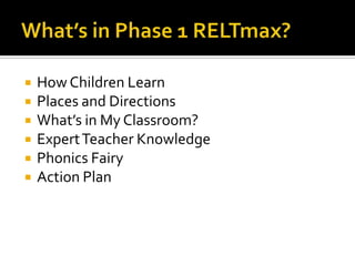  How Children Learn
 Places and Directions
 What’s in My Classroom?
 ExpertTeacher Knowledge
 Phonics Fairy
 Action Plan
 