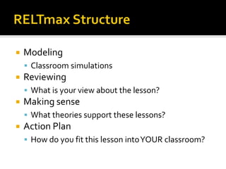  Modeling
 Classroom simulations
 Reviewing
 What is your view about the lesson?
 Making sense
 What theories support these lessons?
 Action Plan
 How do you fit this lesson intoYOUR classroom?
 