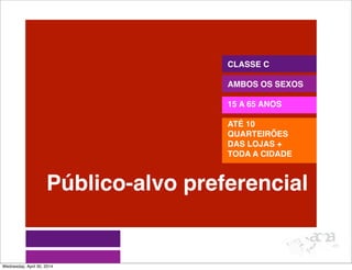 CLASSE C
AMBOS OS SEXOS
15 A 65 ANOS
ATÉ 10
QUARTEIRÕES
DAS LOJAS +
TODA A CIDADE
Público-alvo preferencial
Wednesday, April 30, 2014
 