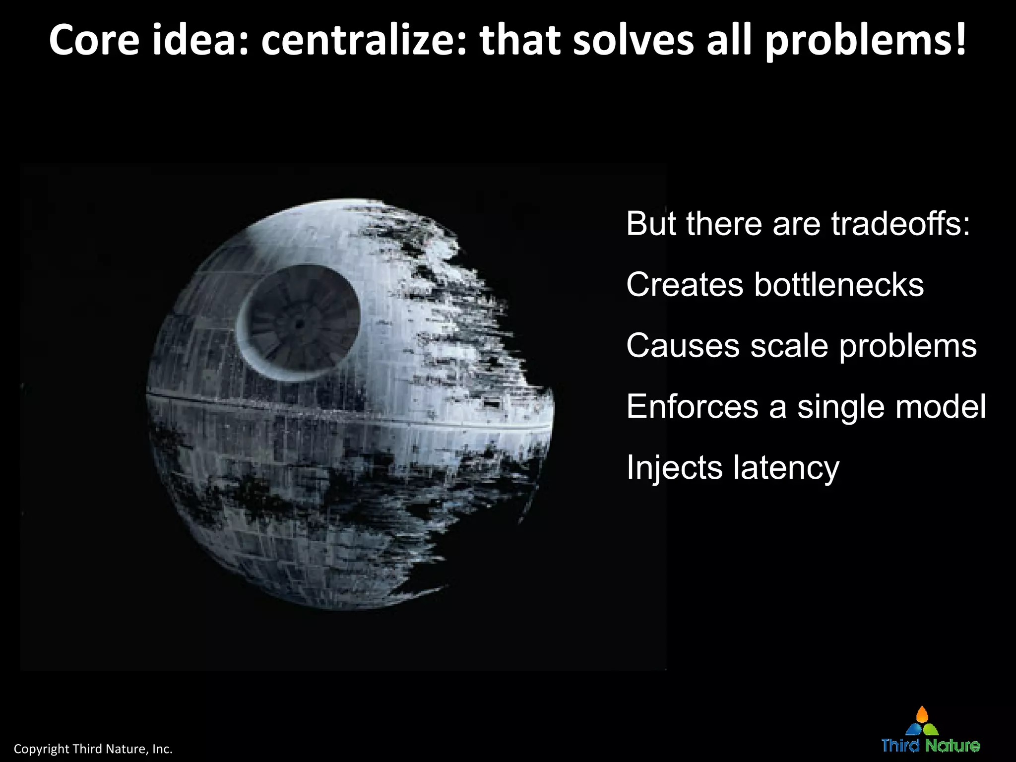 Copyright Third Nature, Inc.
Core idea: centralize: that solves all problems!
But there are tradeoffs:
Creates bottlenecks
Causes scale problems
Enforces a single model
Injects latency
 