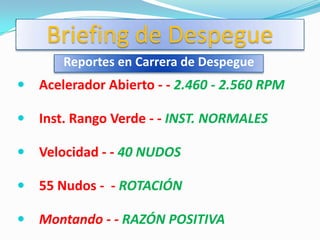 Briefing de Despegue
       Reportes en Carrera de Despegue
   Acelerador Abierto - - 2.460 - 2.560 RPM

   Inst. Rango Verde - - INST. NORMALES

   Velocidad - - 40 NUDOS

   55 Nudos - - ROTACIÓN

   Montando - - RAZÓN POSITIVA
 