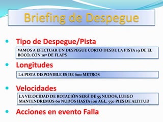 Briefing de Despegue
 Tipo de Despegue/Pista
   VAMOS A EFECTUAR UN DESPEGUE CORTO DESDE LA PISTA 19 DE EL
   BOCO, CON 10º DE FLAPS

 Longitudes
   LA PISTA DISPONIBLE ES DE 600 METROS


 Velocidades
   LA VELOCIDAD DE ROTACIÓN SERÁ DE 55 NUDOS, LUEGO
   MANTENDREMOS 60 NUDOS HASTA 100 AGL, 550 PIES DE ALTITUD

 Acciones en evento Falla
 