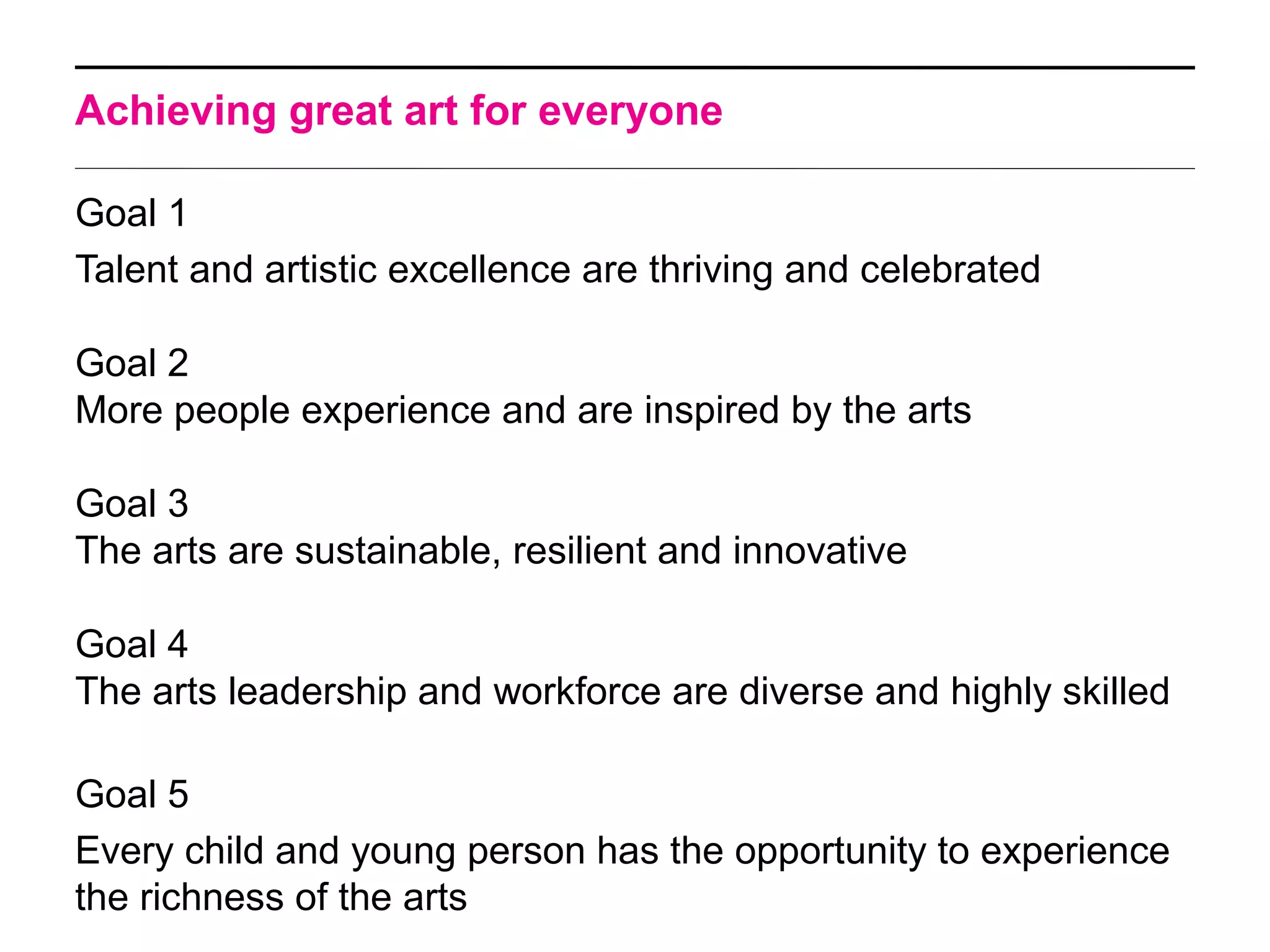 Achieving great art for everyone
Goal 1
Talent and artistic excellence are thriving and celebrated
Goal 2
More people experience and are inspired by the arts
Goal 3
The arts are sustainable, resilient and innovative
Goal 4
The arts leadership and workforce are diverse and highly skilled
Goal 5
Every child and young person has the opportunity to experience
the richness of the arts
 