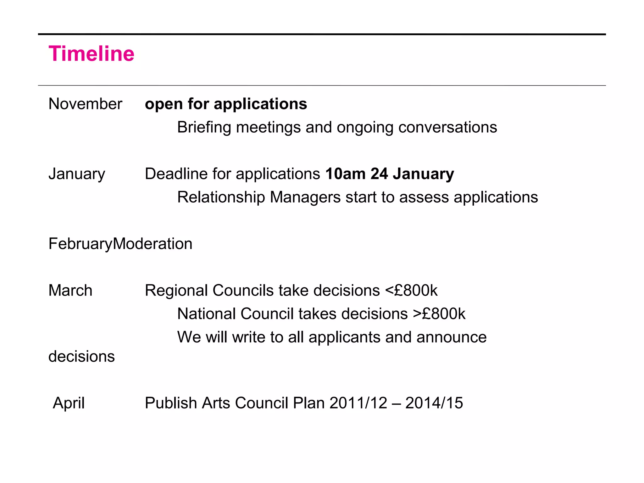 Timeline
November open for applications
Briefing meetings and ongoing conversations
January Deadline for applications 10am 24 January
Relationship Managers start to assess applications
FebruaryModeration
March Regional Councils take decisions <£800k
National Council takes decisions >£800k
We will write to all applicants and announce
decisions
April Publish Arts Council Plan 2011/12 – 2014/15
 